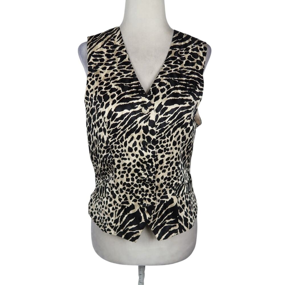 Vintage 90s Adrianna Papell Cream and Black Animal Print Silk Vest M